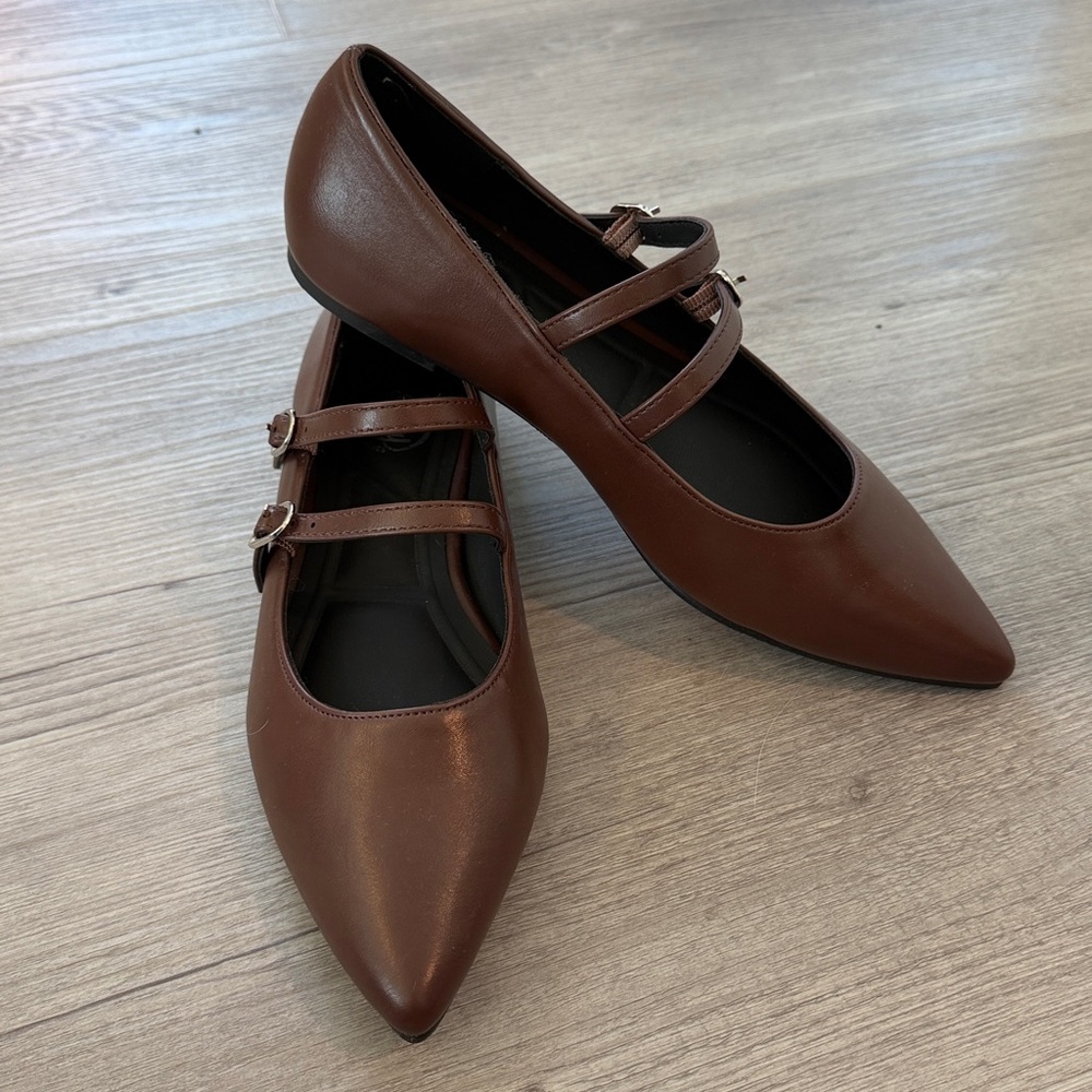 Brown Double Strap Pointed Toe Mary Jane Women's Flats